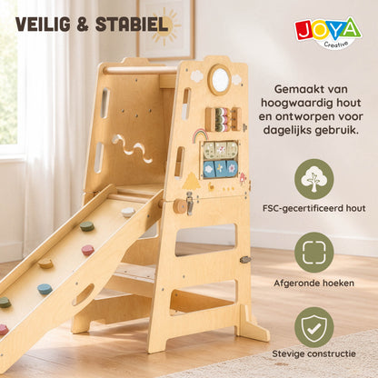 Joya Creative Torre de aprendizaje plegable 6 en 1 - Ayuda de cocina Montessori con tobogán, pared de escalada, pizarra y panel de actividades