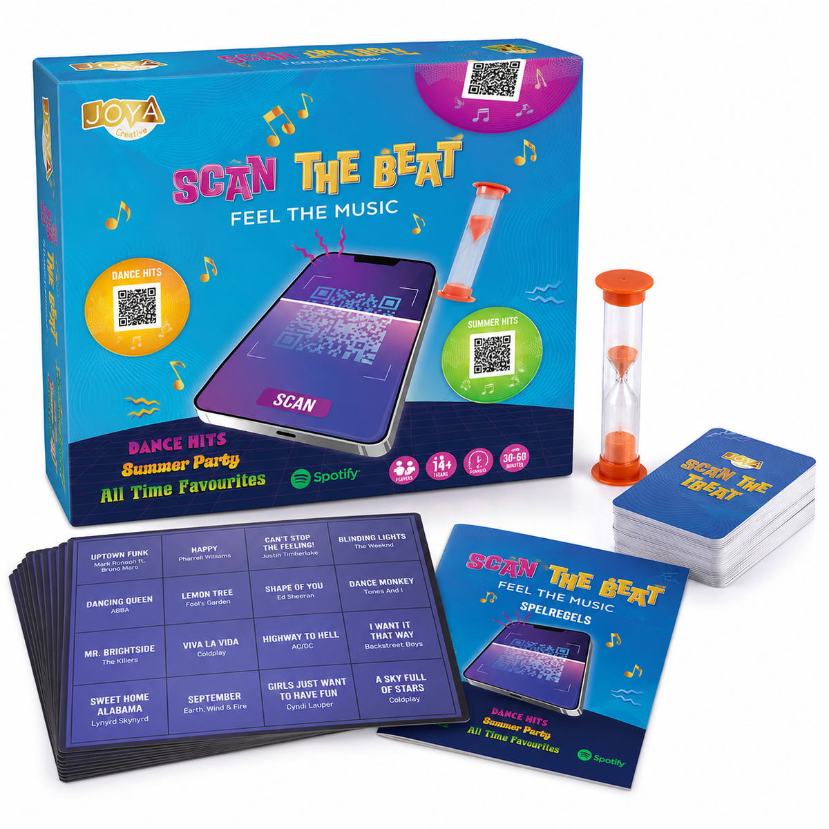 Joya Creative Scan the Beat - Music Board Game - Themes Dance Hits, Summer Hits and All-Time Favorites - Music Bingo Variant with Spotify - 600 Songs - Party Game for Game Night
