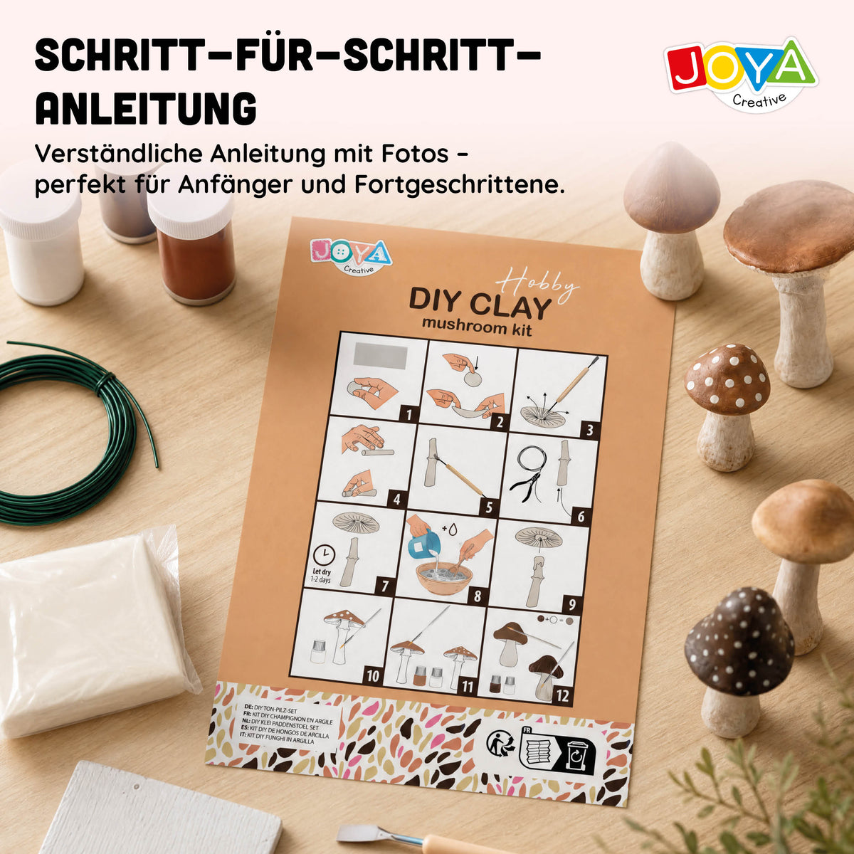 Joya Creative Boetseerklei Set Volwassenen - Luchtdrogende Klei - Thema Paddenstoelen - Inclusief Verf en Gereedschap