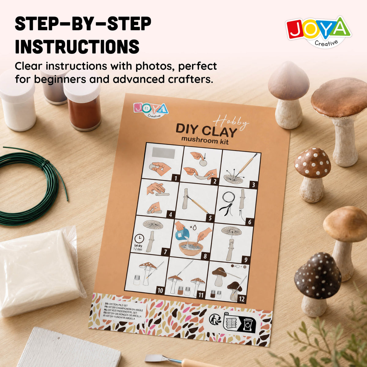 Joya Creative Modelling Clay Set Adults - Air-Drying Clay - Mushroom Theme - Includes Paint and Tools