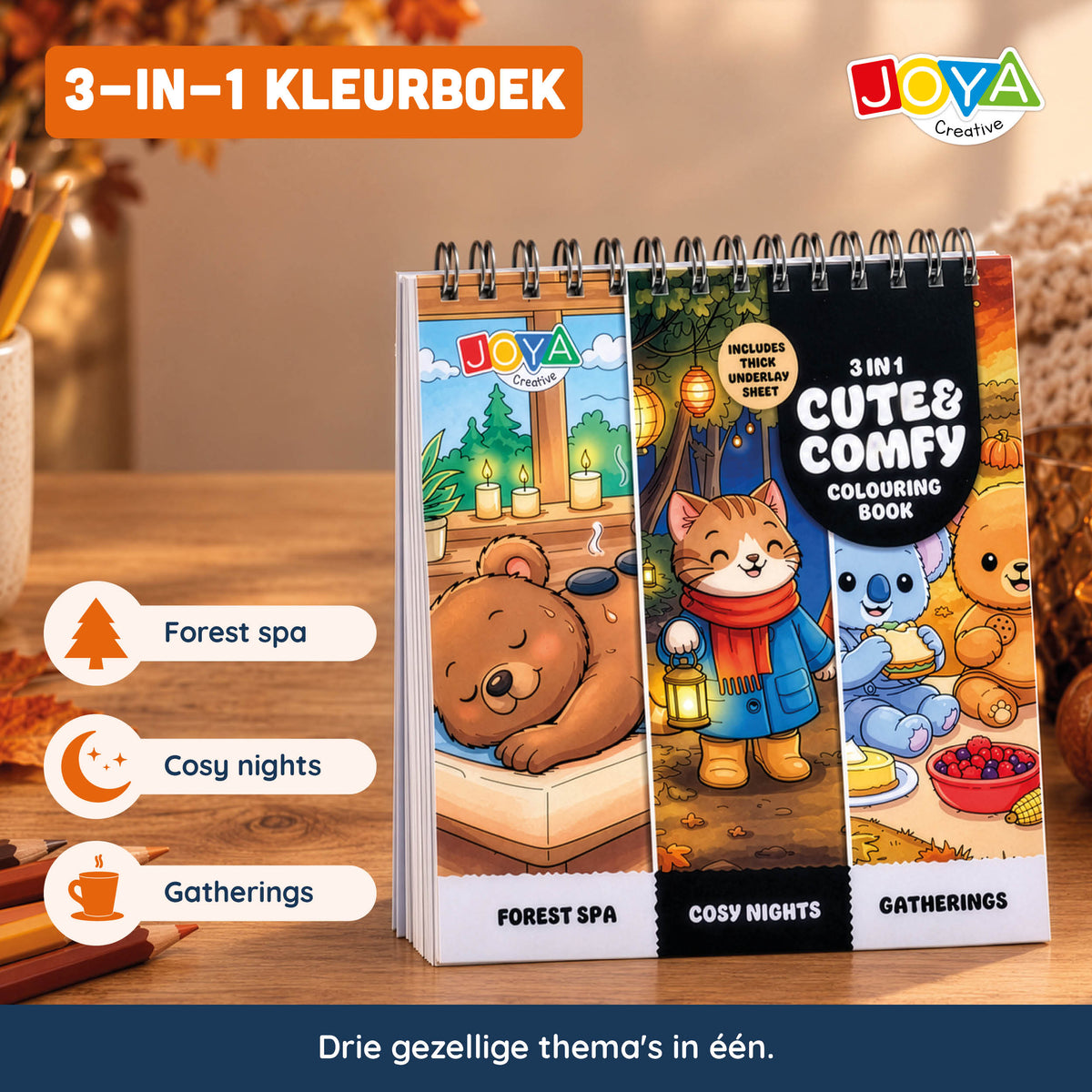 Joya Creative Cozy Cuties Kleurboek voor Volwassenen en Kinderen - Cozy Coloring Book - 124 Pagina's - 3 Thema's - Ringband - 20x20 cm