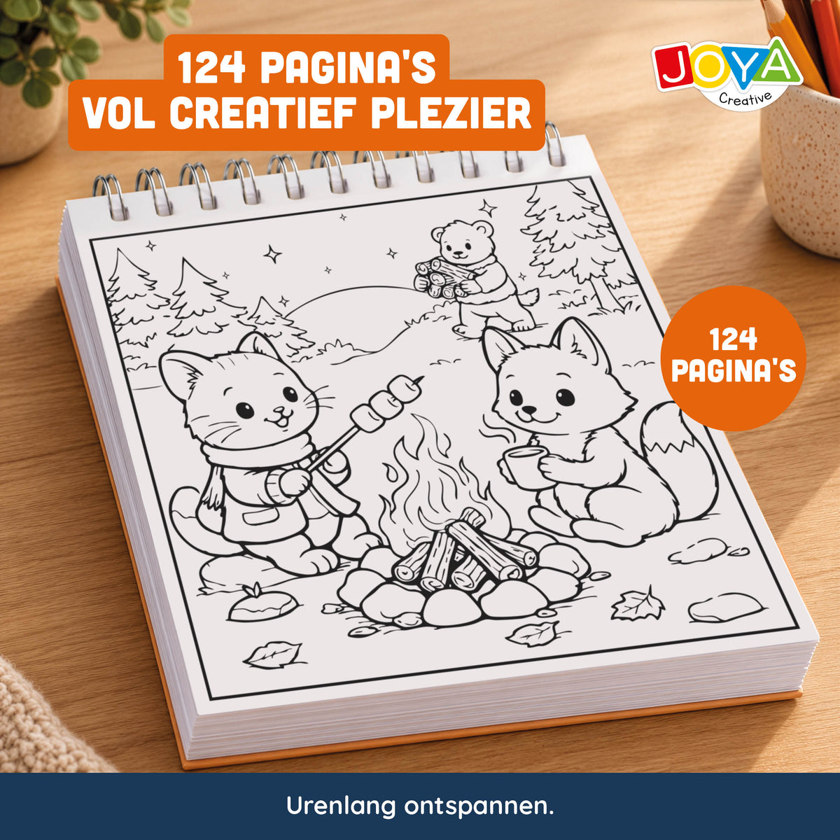 Joya Creative Cozy Cuties Kleurboek voor Volwassenen en Kinderen - Cozy Coloring Book - 124 Pagina's - 3 Thema's - Ringband - 20x20 cm