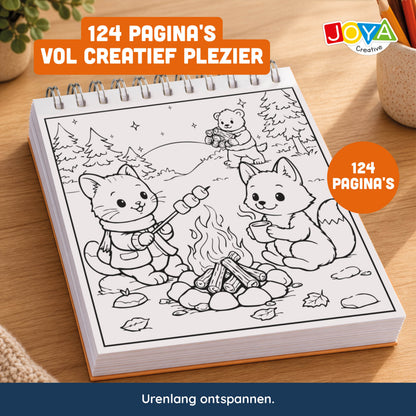 Joya Creative Cozy Cuties Kleurboek voor Volwassenen en Kinderen - Cozy Coloring Book - 124 Pagina's - 3 Thema's - Ringband - 20x20 cm