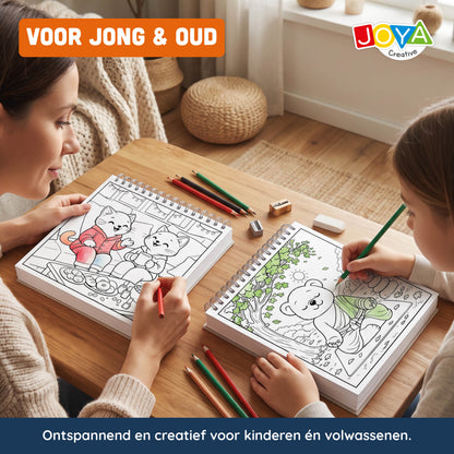 Joya Creative Cozy Cuties Kleurboek voor Volwassenen en Kinderen - Cozy Coloring Book - 124 Pagina's - 3 Thema's - Ringband - 20x20 cm