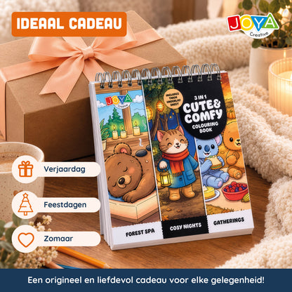 Joya Creative Cozy Cuties Kleurboek voor Volwassenen en Kinderen - Cozy Coloring Book - 124 Pagina's - 3 Thema's - Ringband - 20x20 cm