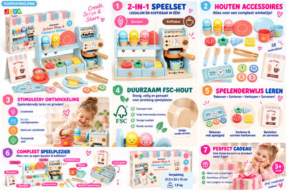 JOYA Creative Wooden Ice Cream Parlor & Coffee Bar Playset 2-in-1 – Wooden Shop with Coffee Machine – Educational Role Play Toy – Montessori – From 3 Years
