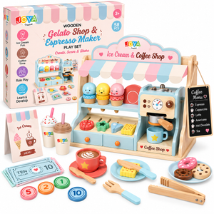 JOYA Creative Wooden Ice Cream Parlor & Coffee Bar Playset 2-in-1 – Wooden Shop with Coffee Machine – Educational Role Play Toy – Montessori – From 3 Years
