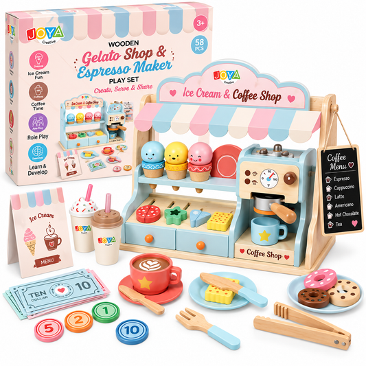 JOYA Creative Houten IJssalon & Koffiebar Speelset 2-in-1 – Houten Winkeltje met Koffiemachine – Educatief Rollenspel Speelgoed – Montessori – Vanaf 3 Jaar