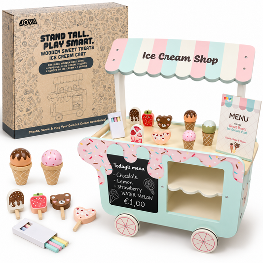 Joya Creative Houten IJscokar - Speelgoed IJskraam voor Kinderen - IJskar met Accessoires - Keuken Speelgoed - Rollenspel - Cadeau Meisje 3 Jaar