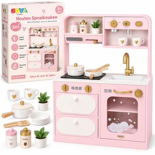 Joya Creative Houten Speelkeuken 3in1 Zacht Roze - Kinderkeuken met Koffiestation en Speelgoed Wasmachine - Licht en Geluid - Formaat 60x29x83 CM