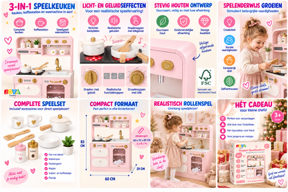 Joya Creative Wooden Play Kitchen 3-in-1 Soft Pink - Children's Kitchen with Coffee Station and Toy Washing Machine - Light and Sound - Dimensions 60x29x83 CM