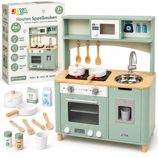 Joya Creative Houten Speelkeuken 4in1 - Kinderkeuken Mint Groen - Oven, Magnetron, Fornuis en IJsblokmachine - Licht en Geluid - Formaat 60x29x80,5 CM