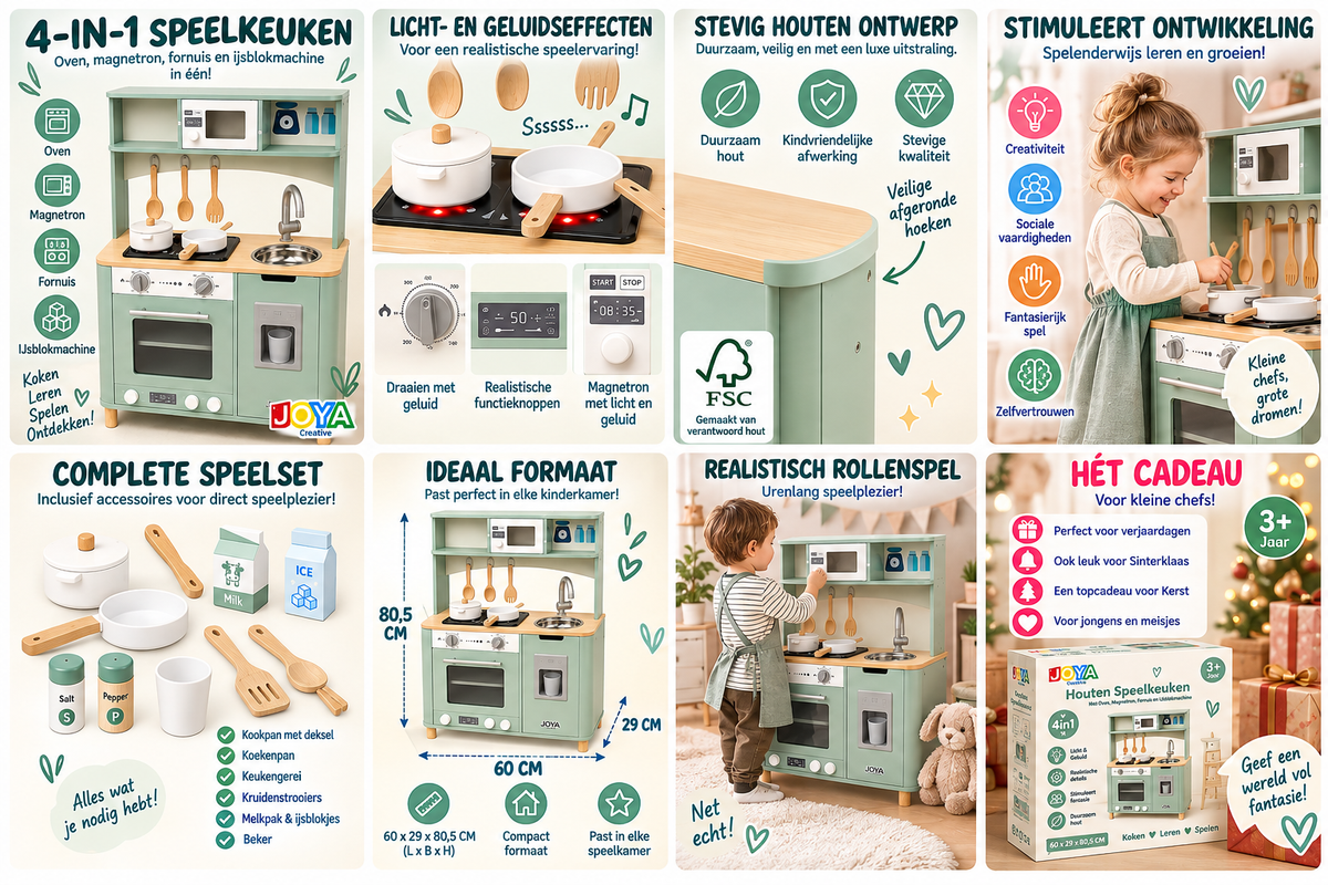 Joya Creative Cocina de juguete de madera 4 en 1 - Cocina infantil verde menta - Horno, microondas, fogón y máquina de cubitos de hielo - Luz y sonido - Tamaño 60x29x80,5 CM