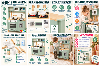 Joya Creative Cocina de juguete de madera 4 en 1 - Cocina infantil verde menta - Horno, microondas, fogón y máquina de cubitos de hielo - Luz y sonido - Tamaño 60x29x80,5 CM