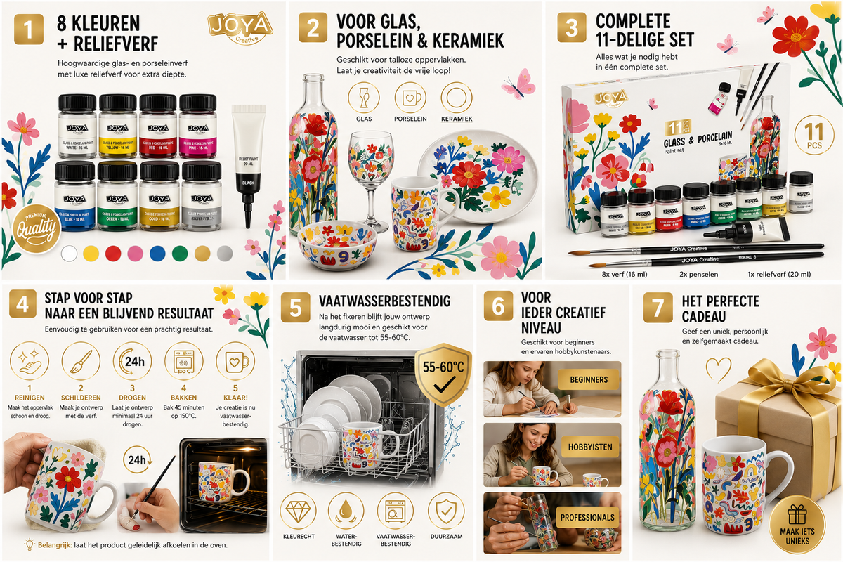 Joya Creative Luxe Porcelain Paint Set - 11pcs - 8 Colors Porcelain Paint for Glass and Ceramics - Including Relief Paint and Brushes - Dishwasher Safe