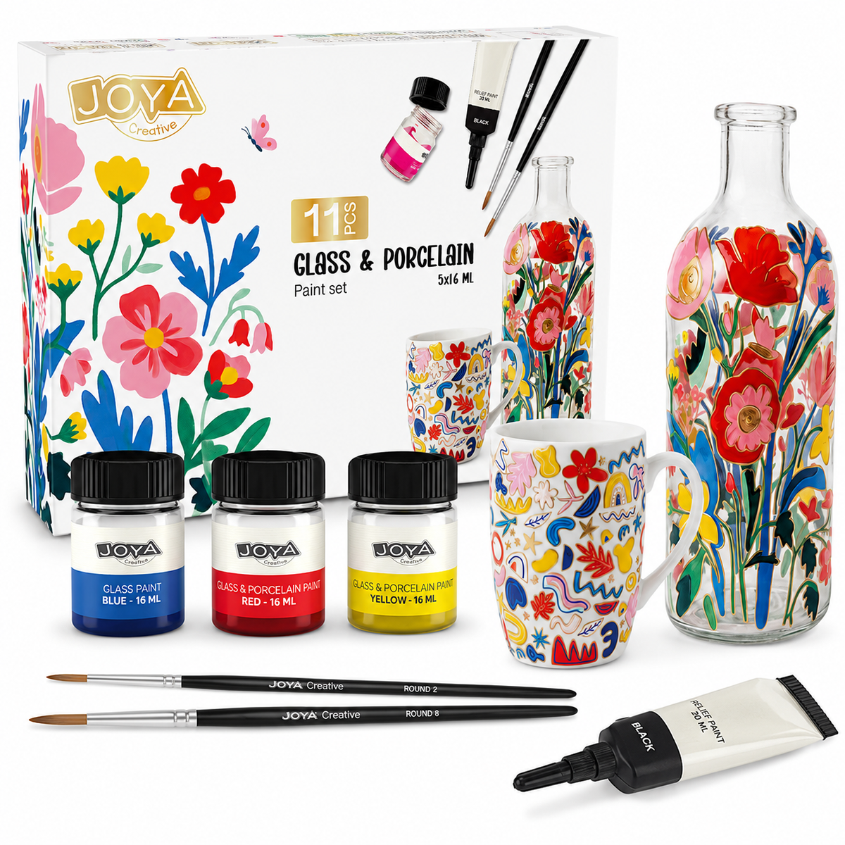 Joya Creative Luxe Porcelain Paint Set - 11pcs - 8 Colors Porcelain Paint for Glass and Ceramics - Including Relief Paint and Brushes - Dishwasher Safe