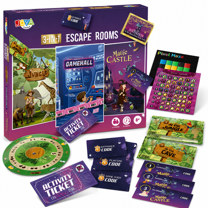 Joya Creative 3in1 Escape Room Game - Escape Box for the Whole Family - 3 Themes Jungle, Game Hall and Magic Castle - Escape Game for 2-4 Players - Brain Teaser - Escape Puzzle - From 8 Years