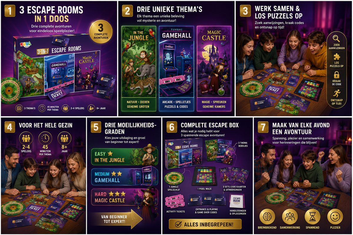 Joya Creative 3in1 Escape Room Game - Escape Box for the Whole Family - 3 Themes Jungle, Game Hall and Magic Castle - Escape Game for 2-4 Players - Brain Teaser - Escape Puzzle - From 8 Years