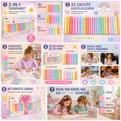 Joya Creative Drawing Set for Kids Pastel 3in1 - 25pcs - Felt-tip Pens - Colored Pencils - Highlighters - Drawing Supplies for Kids