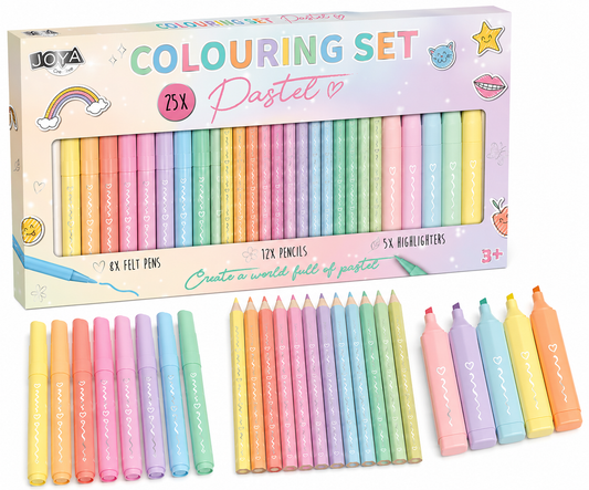 Joya Creative Tekenpakket voor Kinderen Pastel 3in1 - 25pcs - Viltstiften - Kleurpotloden - Markeerstiften - Tekenspullen voor Kinderen