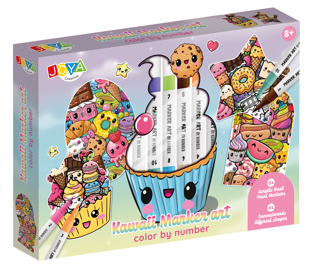 Joya Creative Kawaii Color by Number 4-in-1 Craft Kit – Acrylic Markers, Shaped Canvas & Kawaii Drawing for Kids – Creative Gift Ages 6+