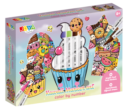 Joya Creative Kawaii Color by Number 4-in-1 Craft Kit – Acrylic Markers, Shaped Canvas & Kawaii Drawing for Kids – Creative Gift Ages 6+
