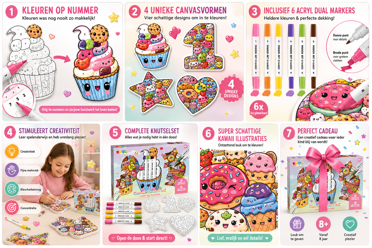 Joya Creative Kawaii Color by Number 4-in-1 Craft Kit – Acrylic Markers, Shaped Canvas & Kawaii Drawing for Kids – Creative Gift Ages 6+