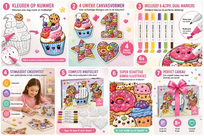 Joya Creative Kawaii Color by Number 4-in-1 Craft Kit – Acrylic Markers, Shaped Canvas & Kawaii Drawing for Kids – Creative Gift Ages 6+