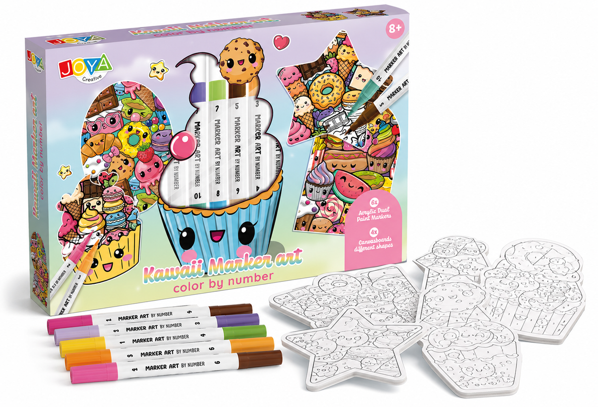 Joya Creative Kawaii Color by Number 4-in-1 Craft Kit – Acrylic Markers, Shaped Canvas & Kawaii Drawing for Kids – Creative Gift Ages 6+