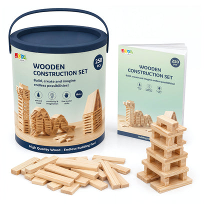 Joya Creative Juguete de construcción de madera, 250 piezas - Set de construcción para niños y adultos - Bloques de construcción de madera en barril de almacenamiento - Incluye libro de inspiración