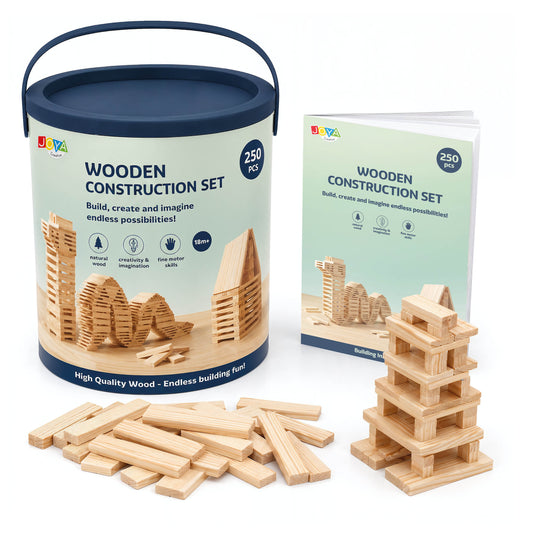Joya Creative Houten Constructiespeelgoed 250pcs - Bouwset Kinderen en Volwassenen - Houtblokken Bouwspeelgoed in Opbergton - Inclusief Inspiratieboek