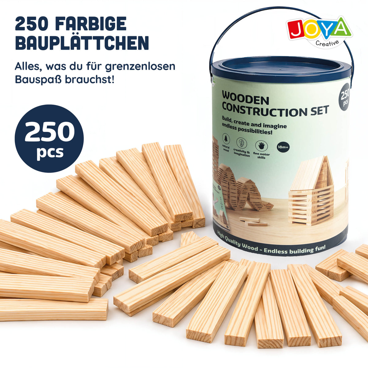 Joya Creative Houten Constructiespeelgoed 250pcs - Bouwset Kinderen en Volwassenen - Houtblokken Bouwspeelgoed in Opbergton - Inclusief Inspiratieboek