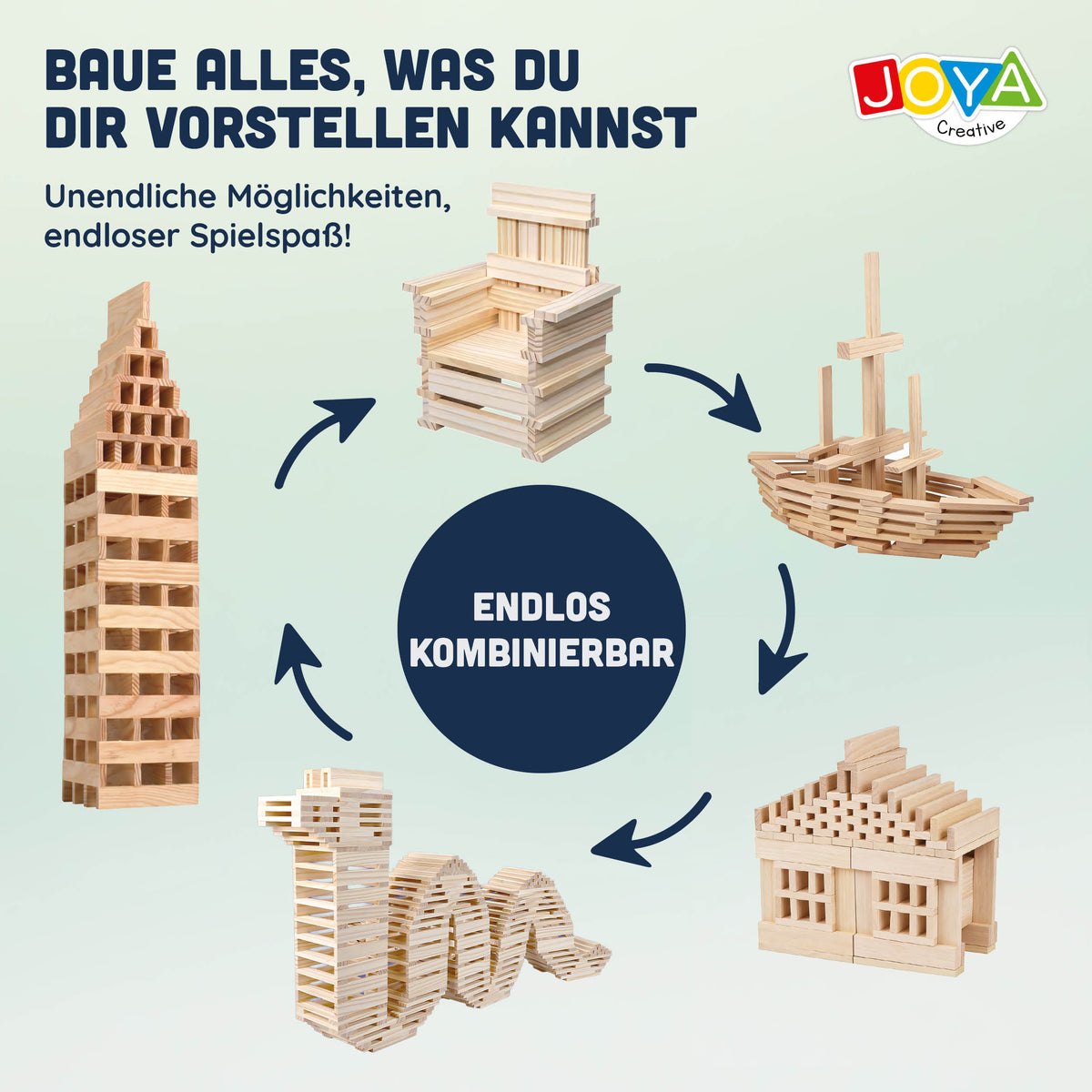 Joya Creative Houten Constructiespeelgoed 250pcs - Bouwset Kinderen en Volwassenen - Houtblokken Bouwspeelgoed in Opbergton - Inclusief Inspiratieboek