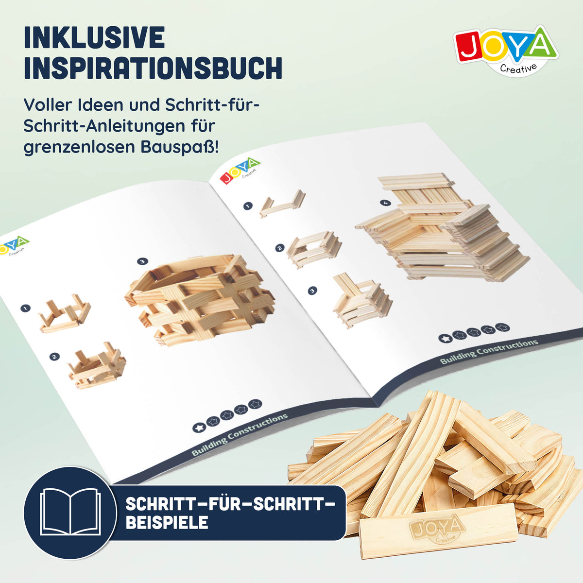 Joya Creative Houten Constructiespeelgoed 250pcs - Bouwset Kinderen en Volwassenen - Houtblokken Bouwspeelgoed in Opbergton - Inclusief Inspiratieboek