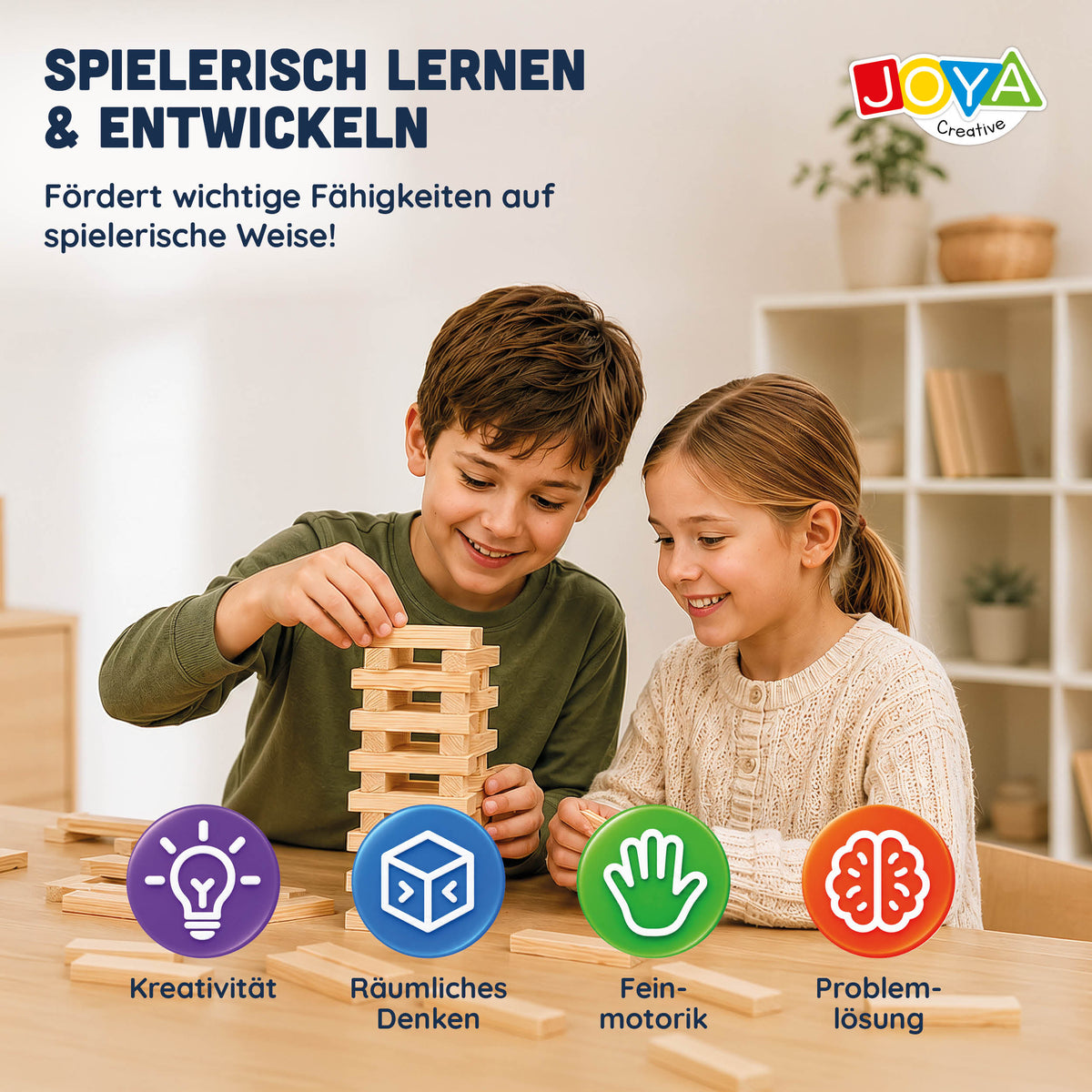 Joya Creative Houten Constructiespeelgoed 250pcs - Bouwset Kinderen en Volwassenen - Houtblokken Bouwspeelgoed in Opbergton - Inclusief Inspiratieboek