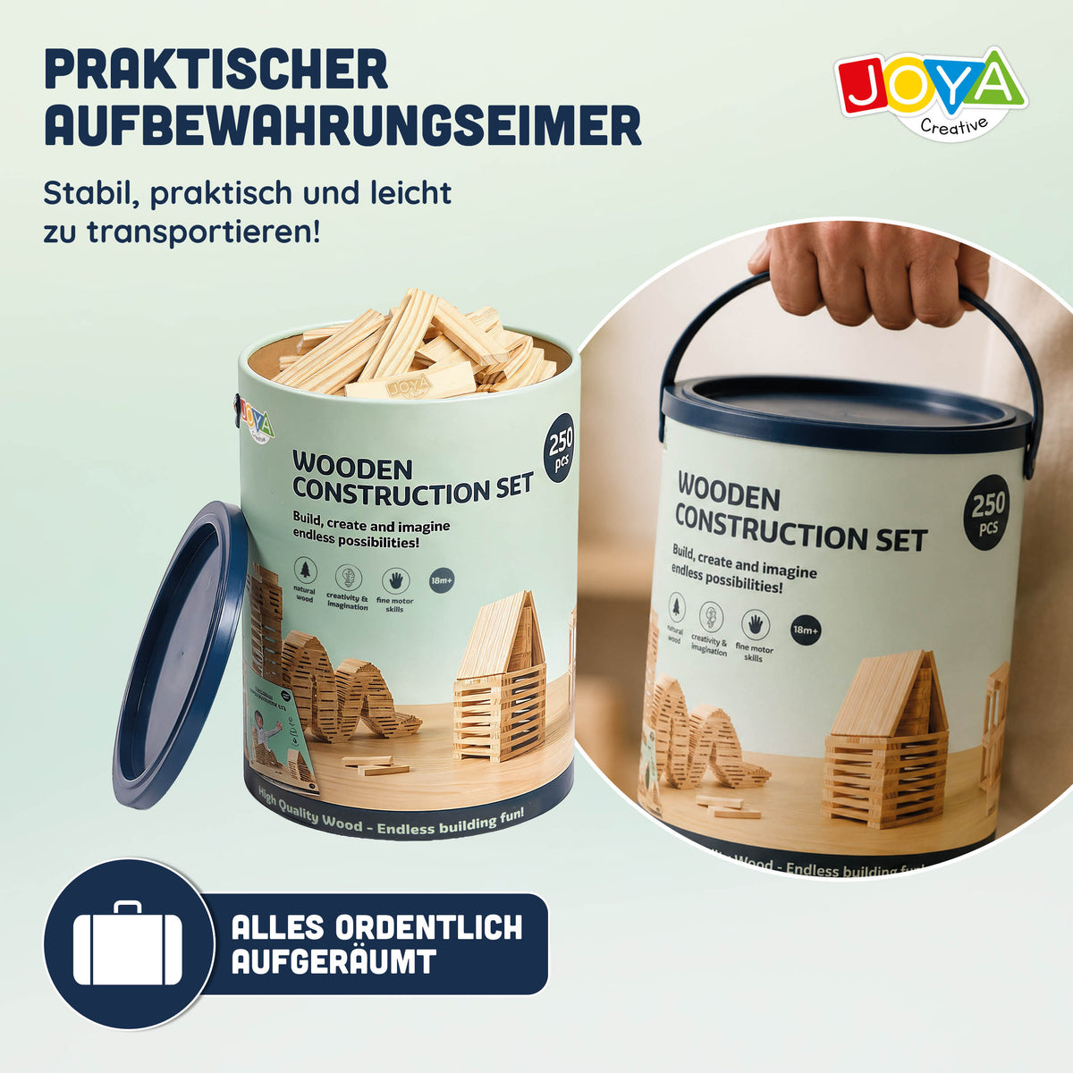 Joya Creative Houten Constructiespeelgoed 250pcs - Bouwset Kinderen en Volwassenen - Houtblokken Bouwspeelgoed in Opbergton - Inclusief Inspiratieboek