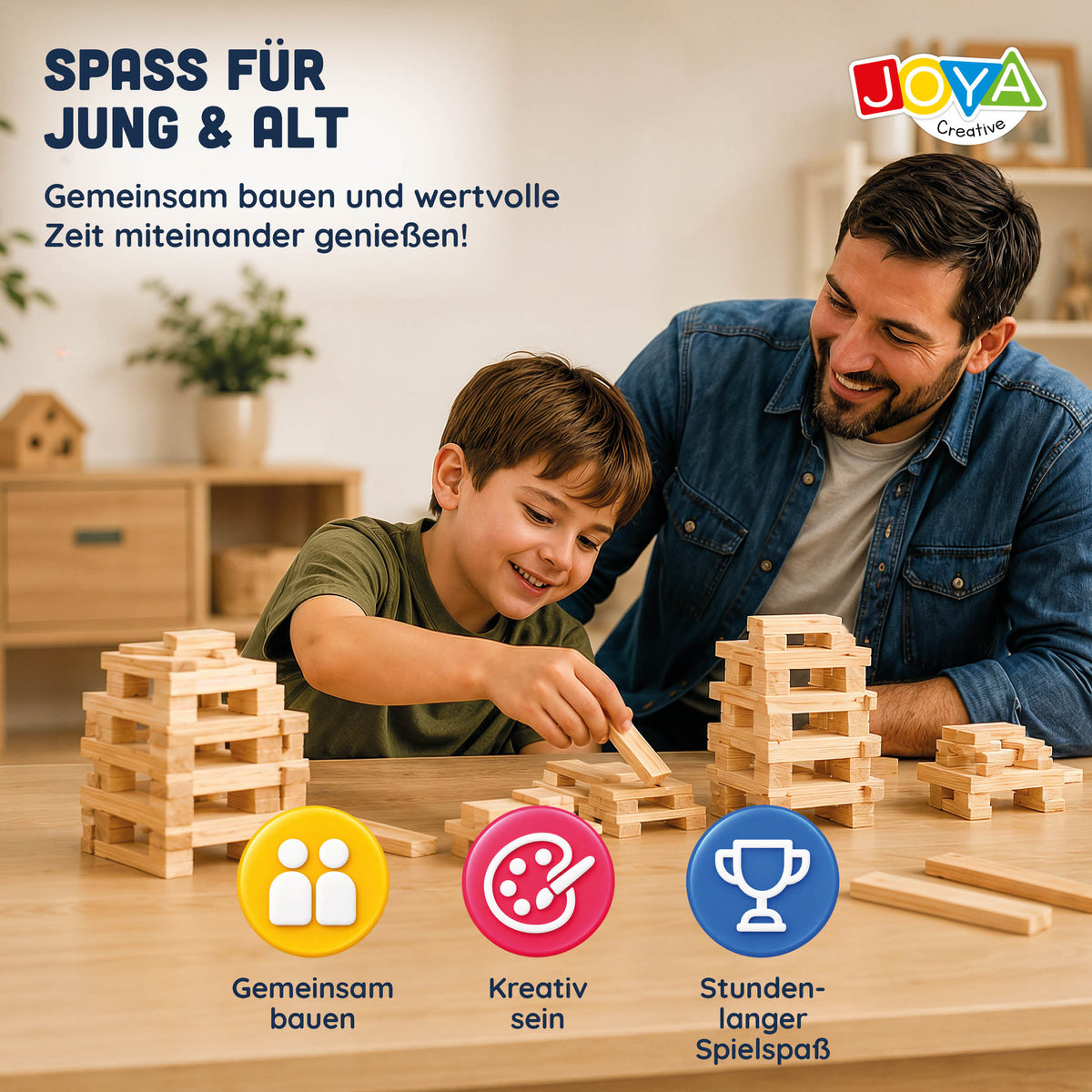 Joya Creative Houten Constructiespeelgoed 250pcs - Bouwset Kinderen en Volwassenen - Houtblokken Bouwspeelgoed in Opbergton - Inclusief Inspiratieboek