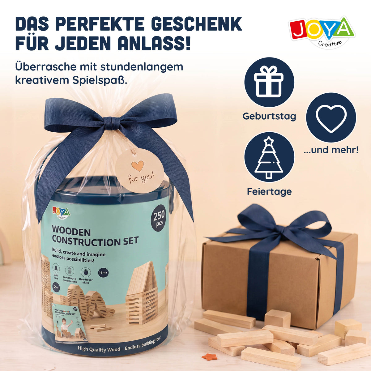 Joya Creative Houten Constructiespeelgoed 250pcs - Bouwset Kinderen en Volwassenen - Houtblokken Bouwspeelgoed in Opbergton - Inclusief Inspiratieboek