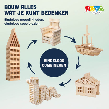 Joya Creative Juguete de construcción de madera, 250 piezas - Set de construcción para niños y adultos - Bloques de construcción de madera en barril de almacenamiento - Incluye libro de inspiración
