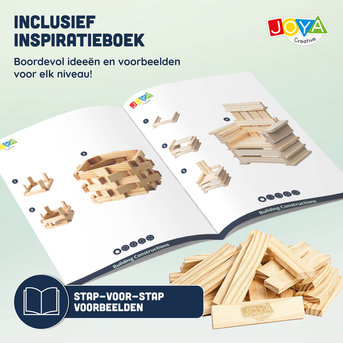 Joya Creative Juguete de construcción de madera, 250 piezas - Set de construcción para niños y adultos - Bloques de construcción de madera en barril de almacenamiento - Incluye libro de inspiración