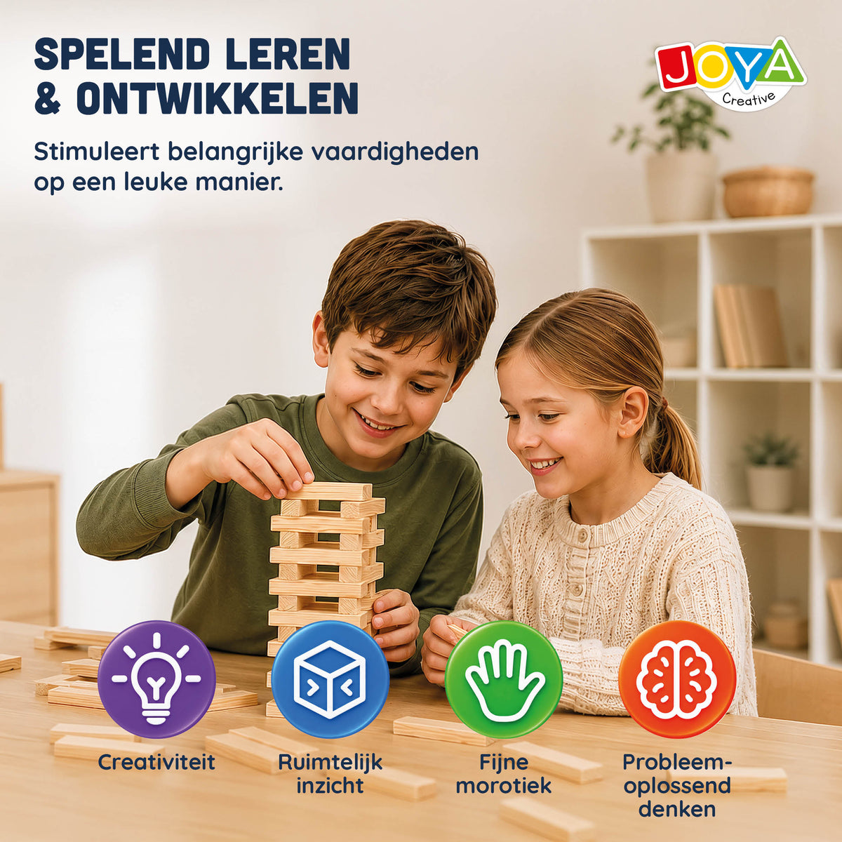 Joya Creative Juguete de construcción de madera, 250 piezas - Set de construcción para niños y adultos - Bloques de construcción de madera en barril de almacenamiento - Incluye libro de inspiración