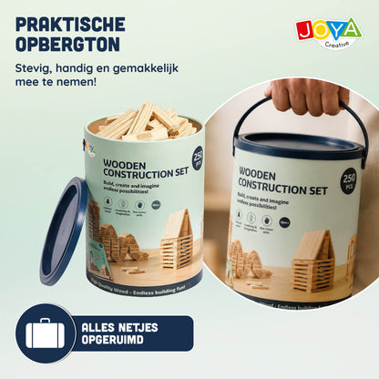 Joya Creative Juguete de construcción de madera, 250 piezas - Set de construcción para niños y adultos - Bloques de construcción de madera en barril de almacenamiento - Incluye libro de inspiración