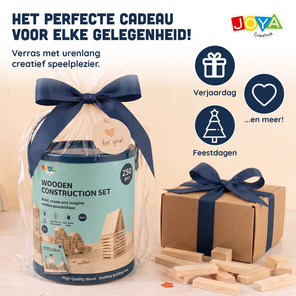 Joya Creative Juguete de construcción de madera, 250 piezas - Set de construcción para niños y adultos - Bloques de construcción de madera en barril de almacenamiento - Incluye libro de inspiración