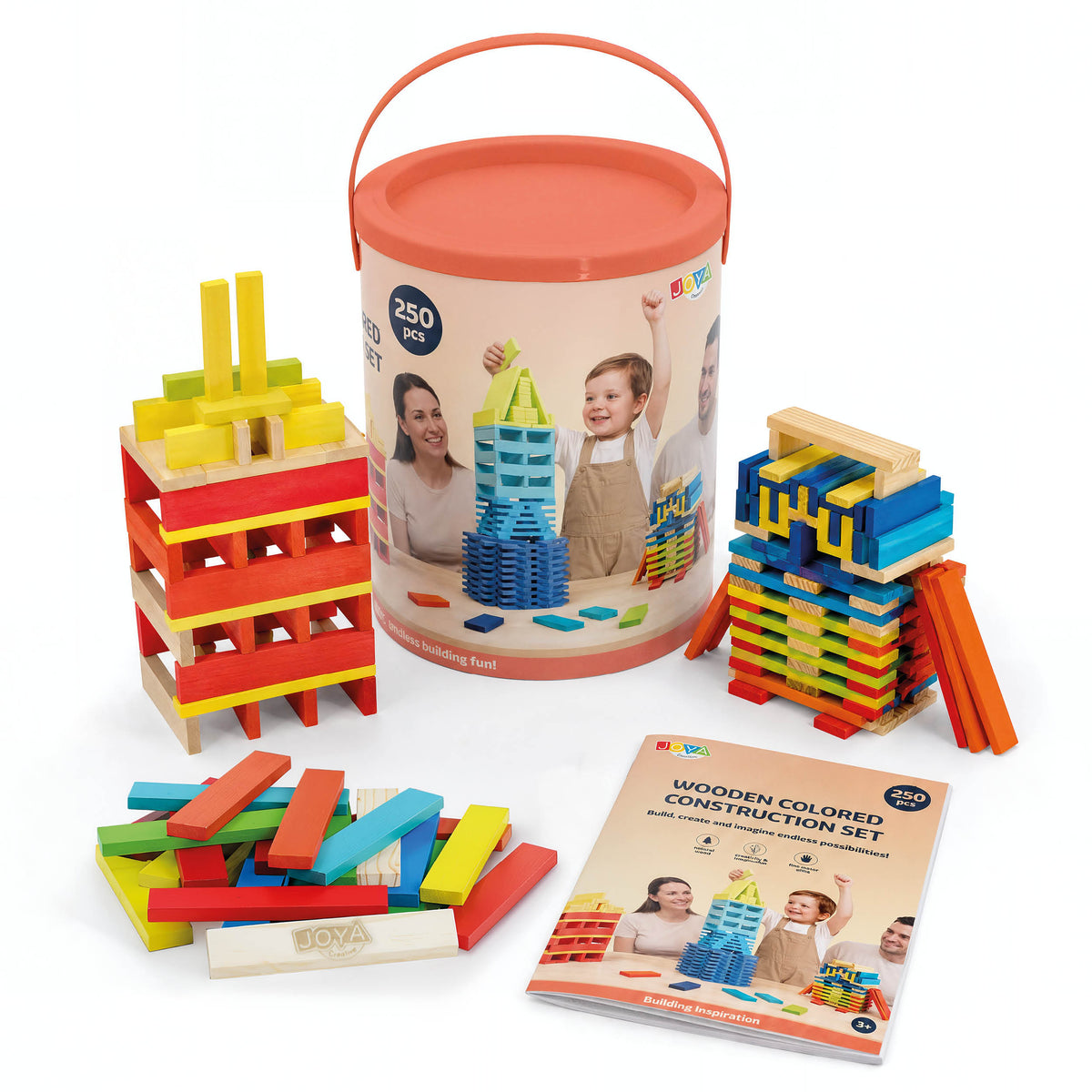 Joya Creative Holzkonstruktionsspielzeug 250tlg. - Bauset für Kinder und Erwachsene - Farbiges Konstruktionsspielzeug in Aufbewahrungsbox - Inklusive Inspirationsbuch