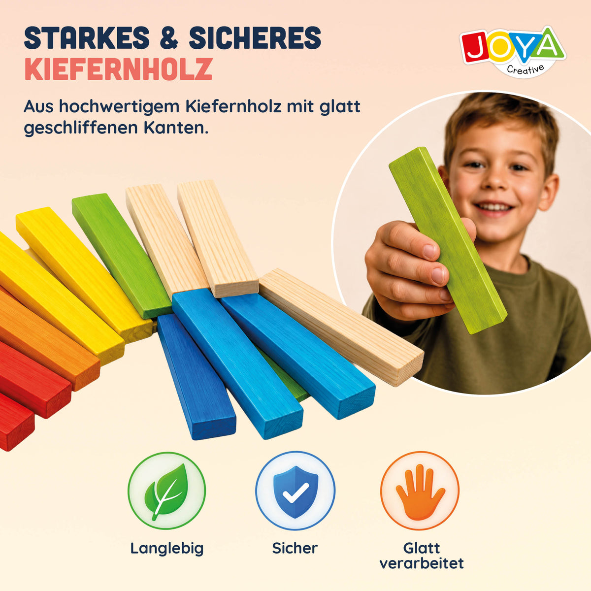 Joya Creative Holzkonstruktionsspielzeug 250tlg. - Bauset für Kinder und Erwachsene - Farbiges Konstruktionsspielzeug in Aufbewahrungsbox - Inklusive Inspirationsbuch