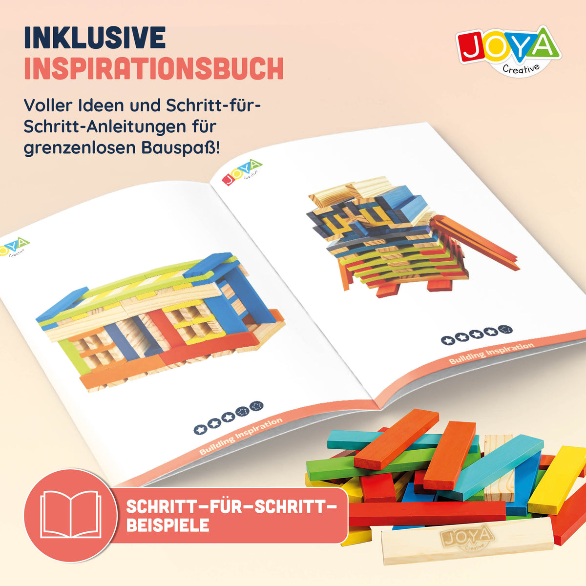 Joya Creative Holzkonstruktionsspielzeug 250tlg. - Bauset für Kinder und Erwachsene - Farbiges Konstruktionsspielzeug in Aufbewahrungsbox - Inklusive Inspirationsbuch