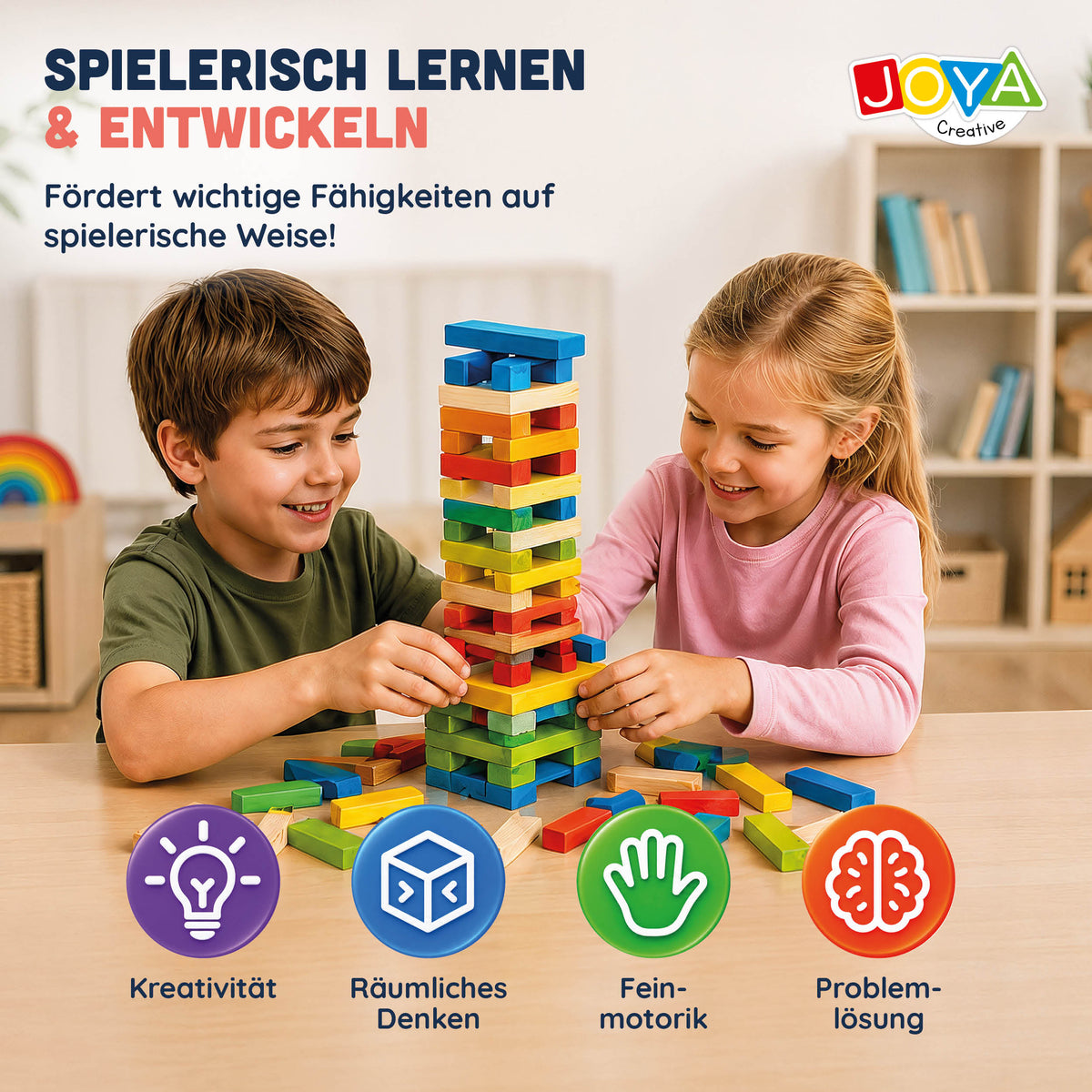 Joya Creative Holzkonstruktionsspielzeug 250tlg. - Bauset für Kinder und Erwachsene - Farbiges Konstruktionsspielzeug in Aufbewahrungsbox - Inklusive Inspirationsbuch