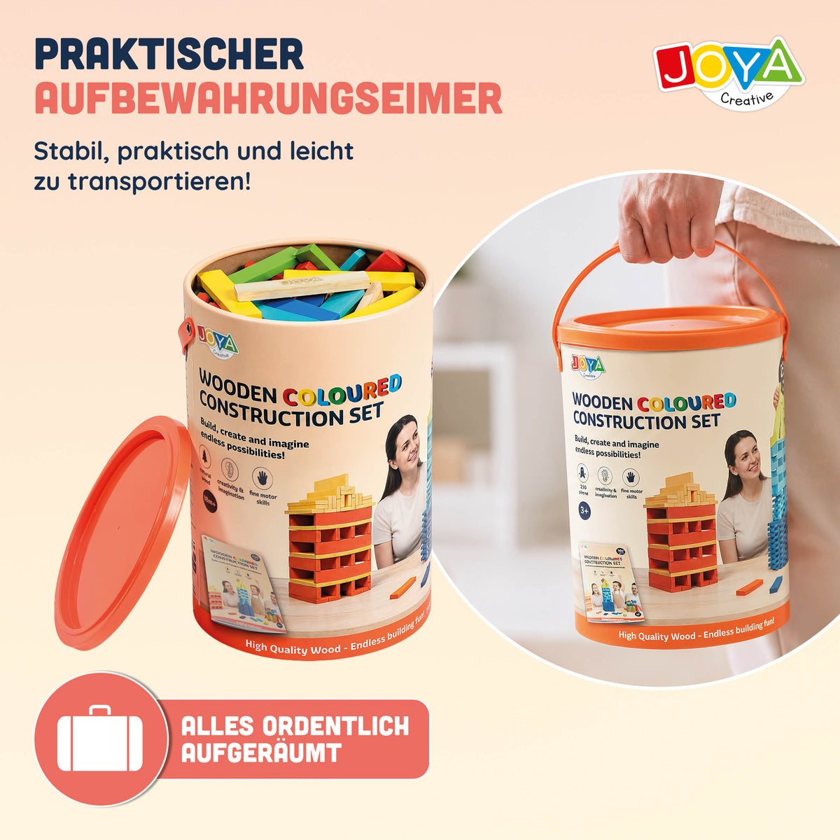 Joya Creative Holzkonstruktionsspielzeug 250tlg. - Bauset für Kinder und Erwachsene - Farbiges Konstruktionsspielzeug in Aufbewahrungsbox - Inklusive Inspirationsbuch