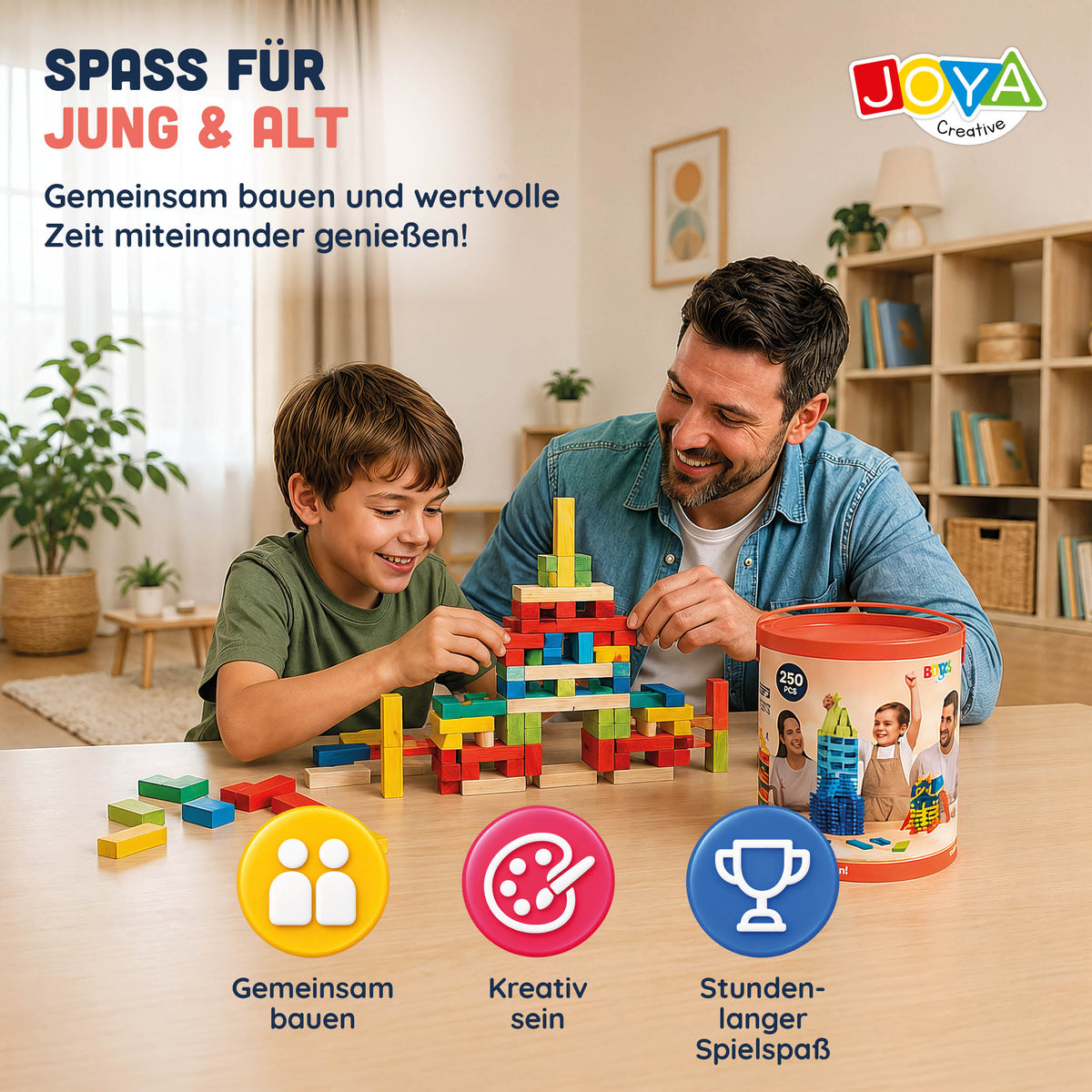 Joya Creative Holzkonstruktionsspielzeug 250tlg. - Bauset für Kinder und Erwachsene - Farbiges Konstruktionsspielzeug in Aufbewahrungsbox - Inklusive Inspirationsbuch