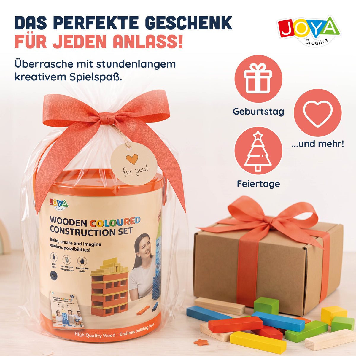 Joya Creative Holzkonstruktionsspielzeug 250tlg. - Bauset für Kinder und Erwachsene - Farbiges Konstruktionsspielzeug in Aufbewahrungsbox - Inklusive Inspirationsbuch